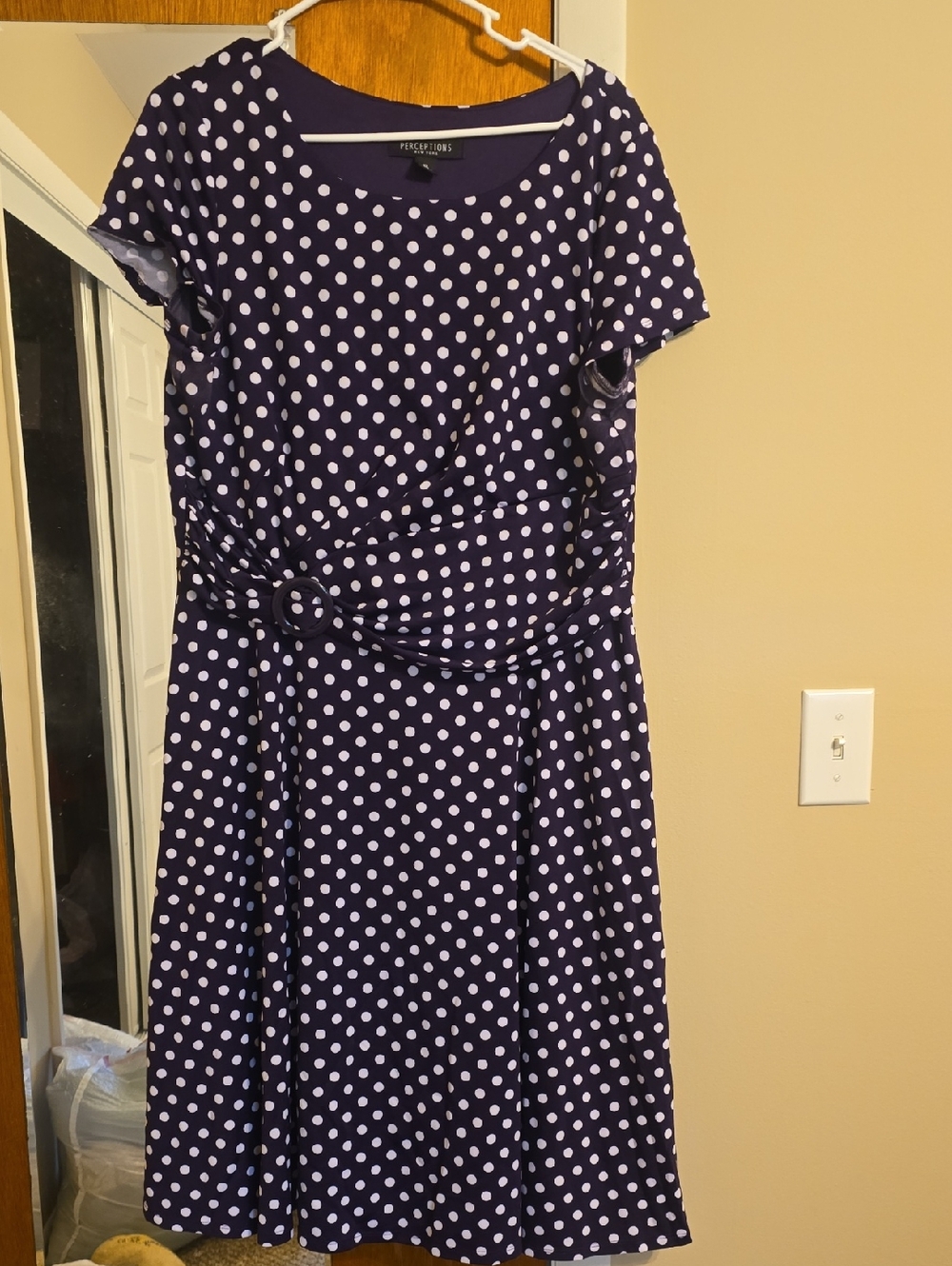 Perceptions Purple and White Polka Dot Belted Midi Dress